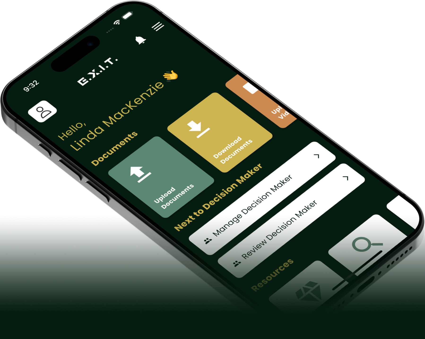 A sleek and intuitive user dashboard from the E.X.I.T. app. Easily upload and download documents, manage decision-makers, and access resources—all in one secure and user-friendly interface.